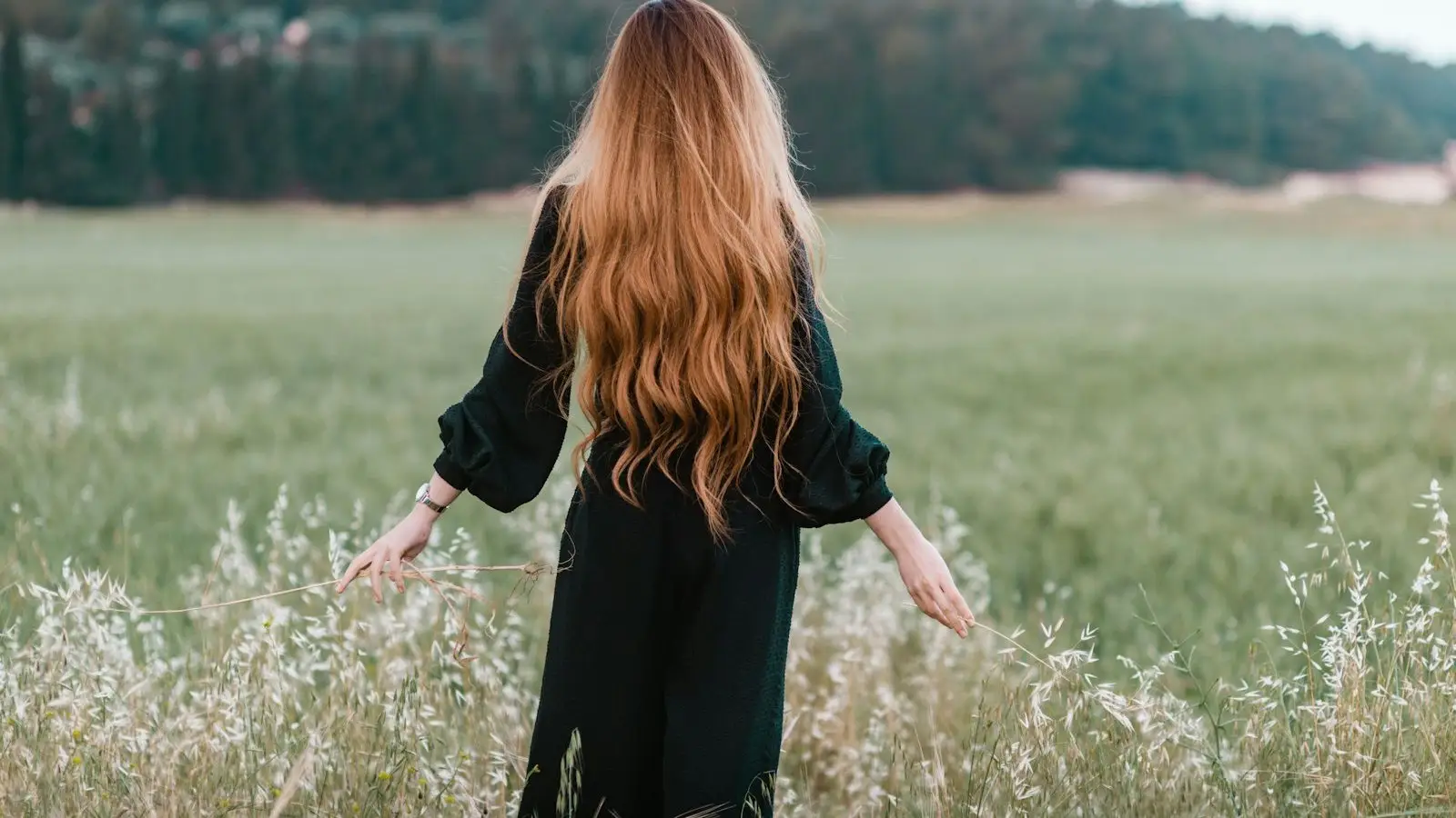 A woman with long auburn hair seen from behind, standing in a grassy meadow